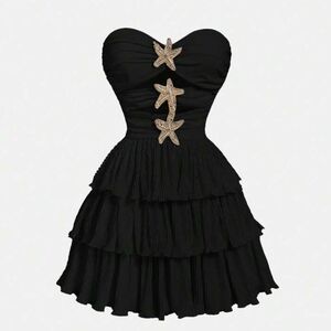 Black Strapless Tiered Dress with Gold Starfish Accents